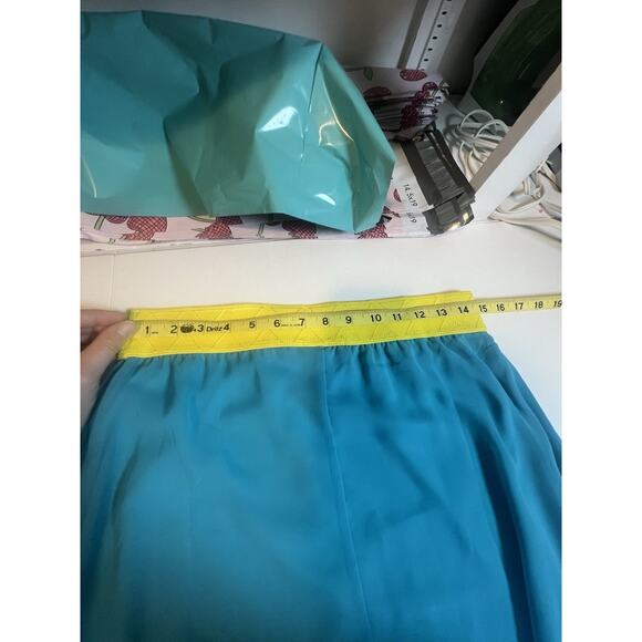 LuLaRoe Lola Skirt Size M Blue Yellow Sheer Lined Midi Skirt Elastic Waist Boho - Picture 7 of 8